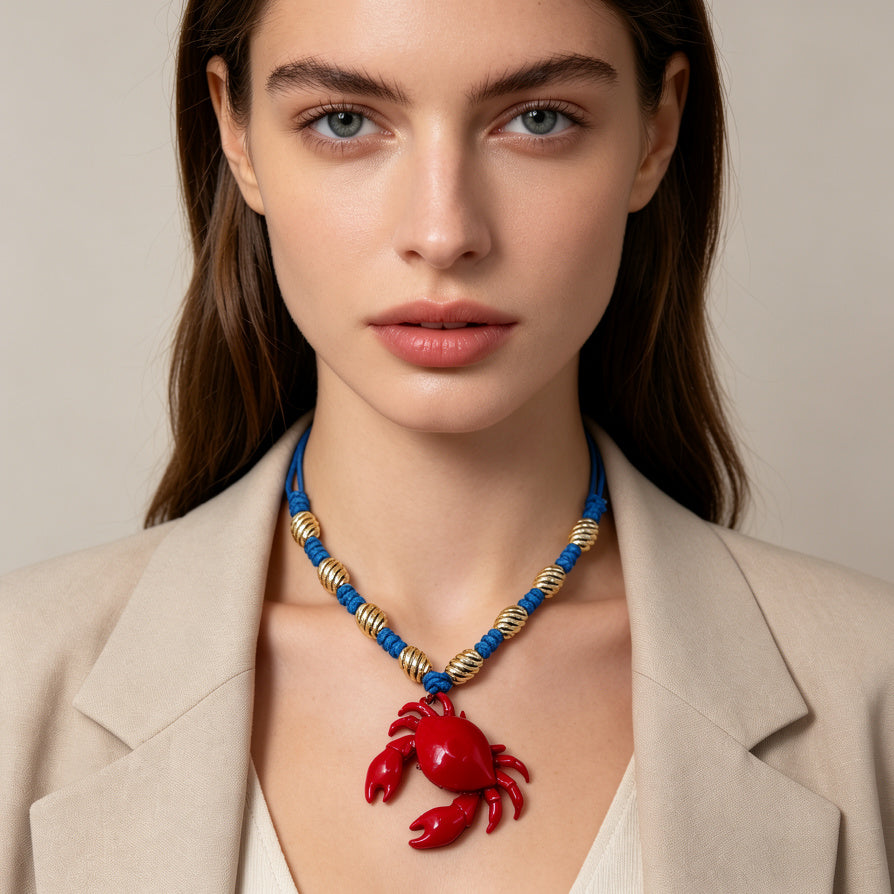 Collar Colgante Cangrejo de Playa - Diseño Marino de Verano, Cadena Trenzada con Cuentas Doradas, 2 Colores, para Mayoristas|JI JOYA