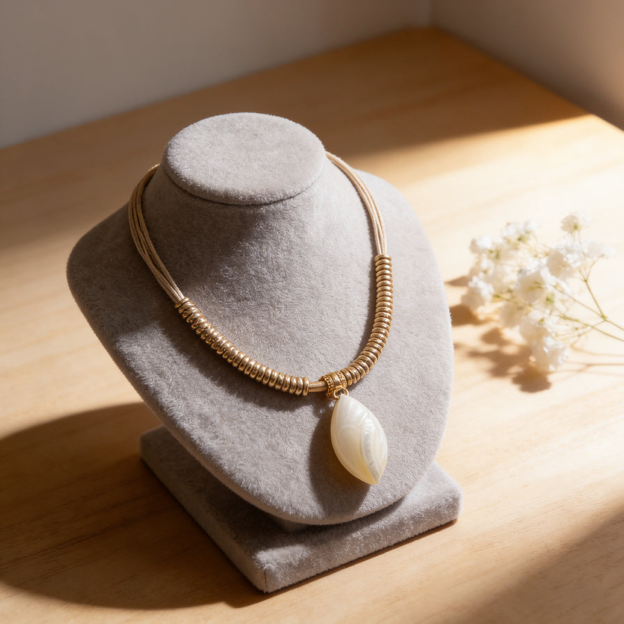 Collar Choker con Dije de Concha Natural y Cuentas Doradas - Joyería Boho Chic para Mujer|JI JOYA