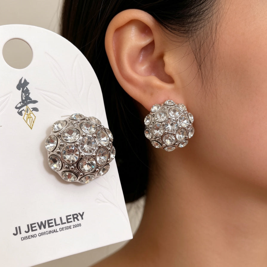 Pendientes de Botón con Cristales Brillantes, Diseño Redondo Dorado/Plateado, Joyería de Moda para Mujer, Mayorista B2B|JI JOYA
