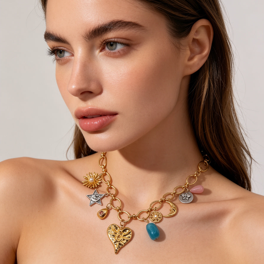 Collar de Cadena de Oro con Colgantes de Corazón y Estrellas - Diseño Único de Aleación|JI JOYA