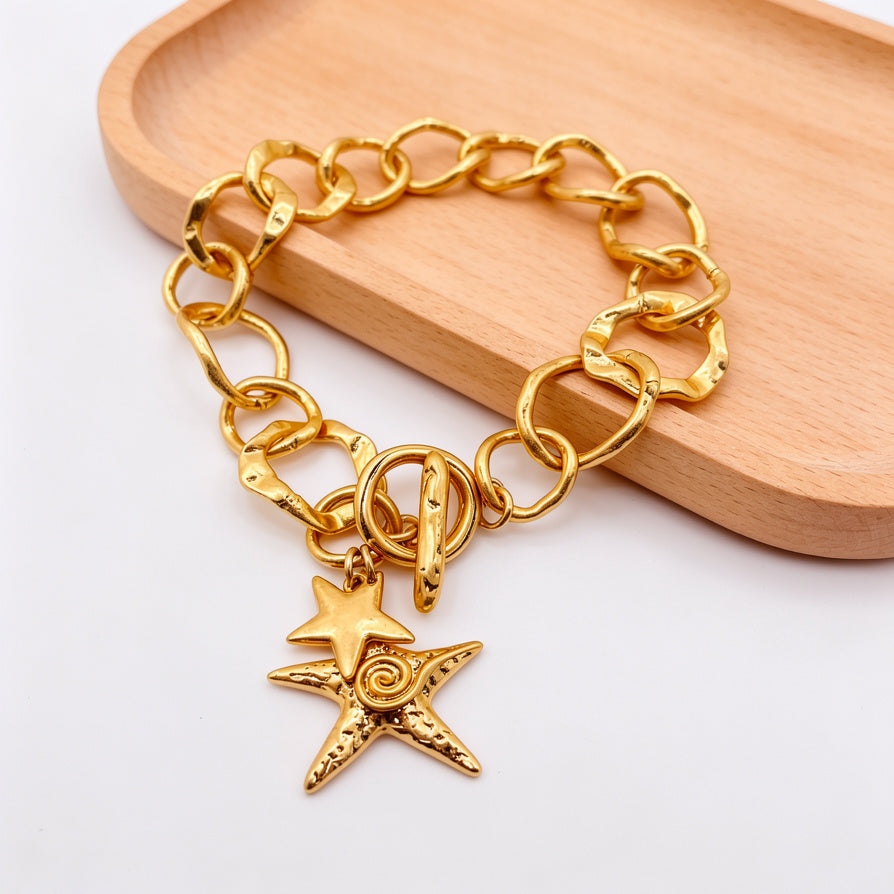 Pulsera de Cadena Gruesa con Dije de Estrella de Mar | Bisutería de Moda en Oro y Plata | Venta al Por Mayor|JI JOYA