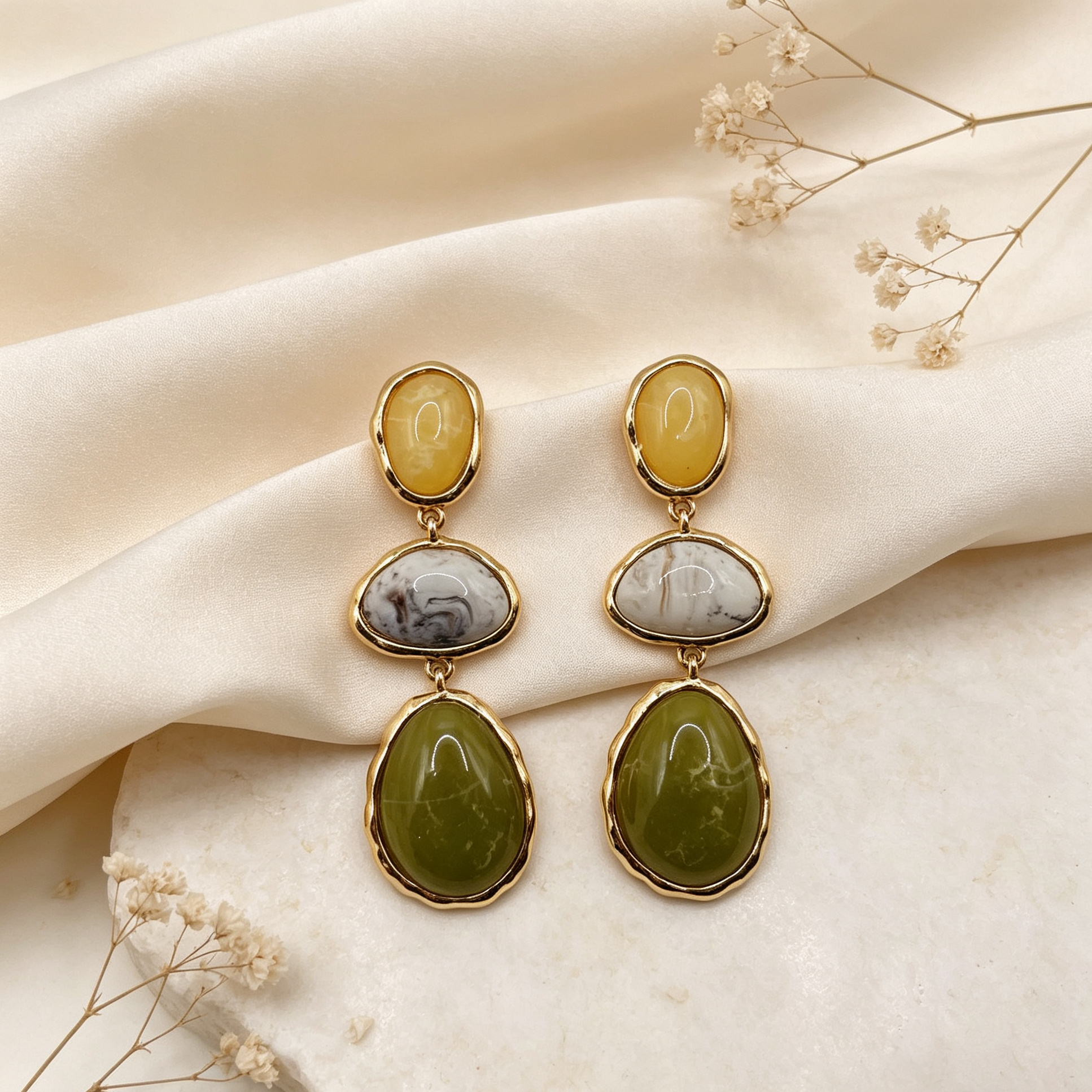 Pendientes Colgantes Tres Tonos Piedra Natural Baño de Oro | Venta al Por Mayor JI JOYA