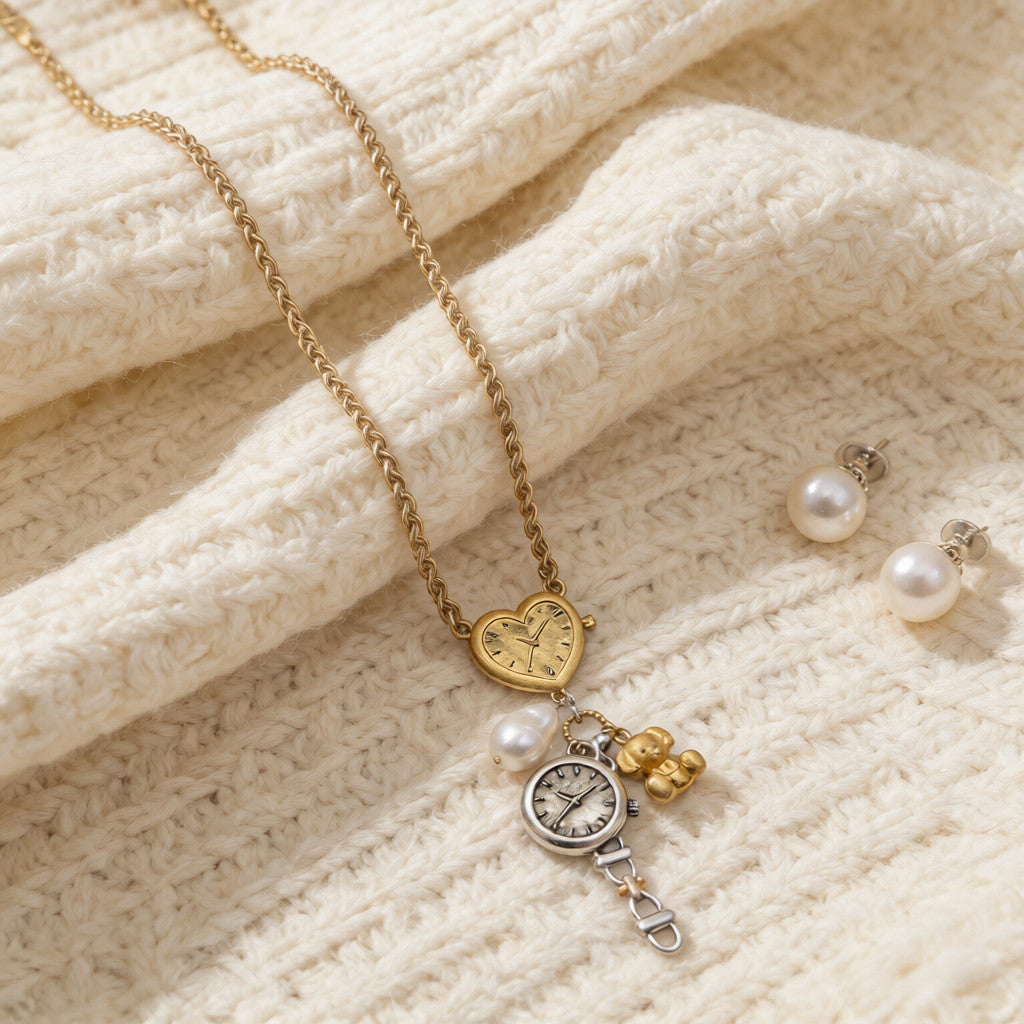 Collar vintage con dije de reloj de corazón | Collar con colgante de oso de perla de metal mixto para mujer | Collar retro con capas de oro y plata