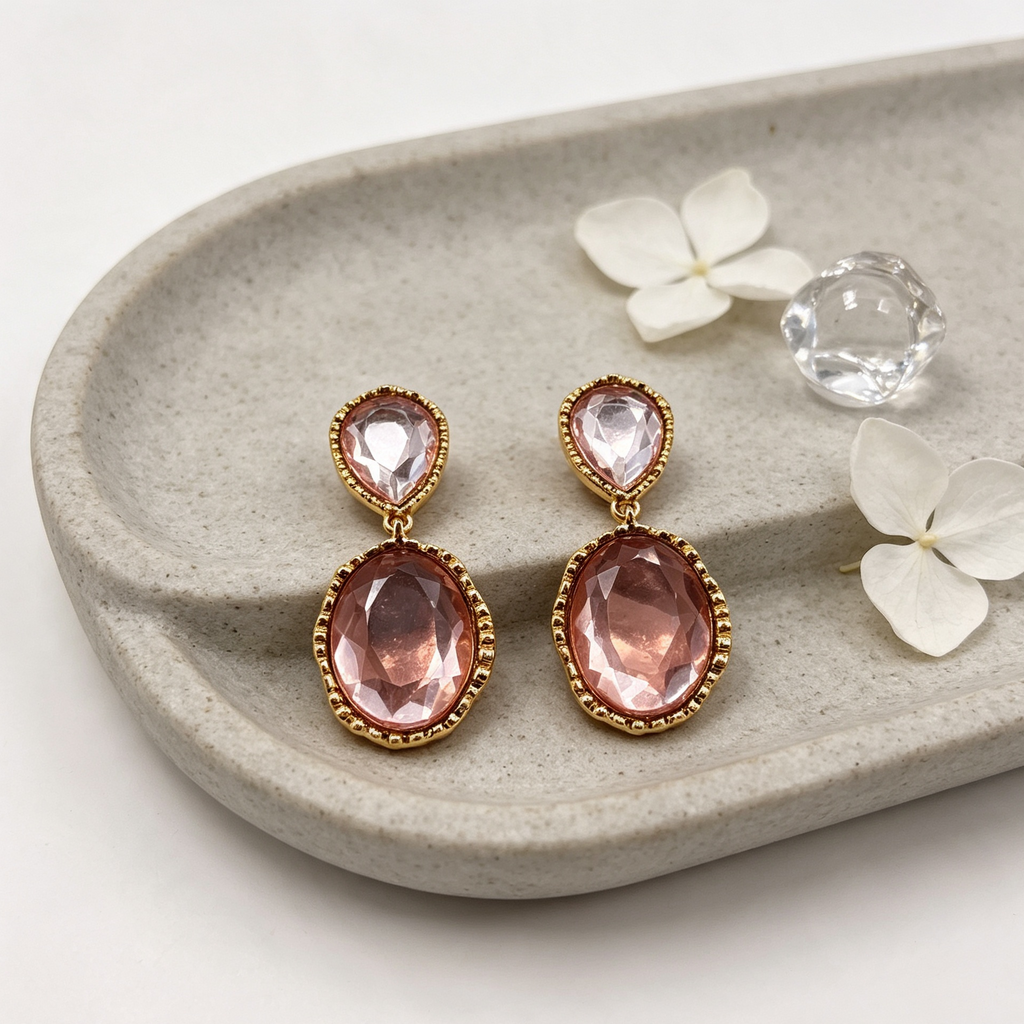 Pendientes largos con piedras cristal rosa, dorado vintage, mayorista joyería moda|JI JOYA