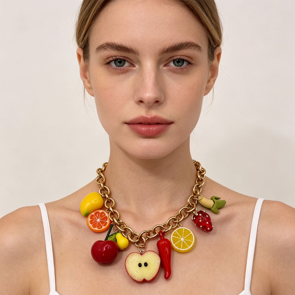 Collar de cadena gruesa con colgantes de frutas surtidas, collar llamativo de moda para mujer, venta al por mayor|JI JOYA