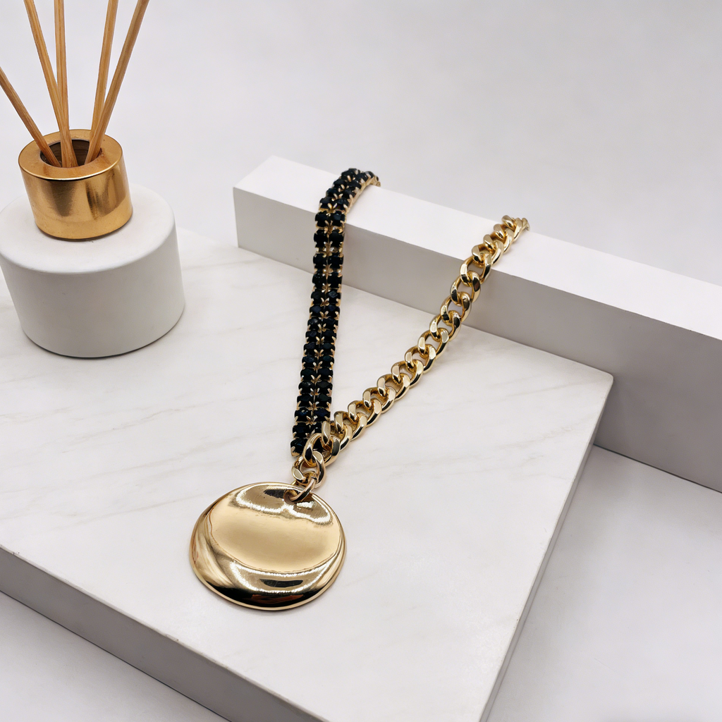 Collar asimétrico de oro negro | Cadena gruesa de cristal y metal | Colgante de disco llamativo | Joyería de fiesta Y2K para mujer