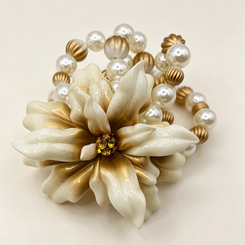 Set Pendientes y Pulsera Flor Crema‑Oro, Accesorios de Fiesta para Mujer, Venta al Por Mayor|JI JOYA