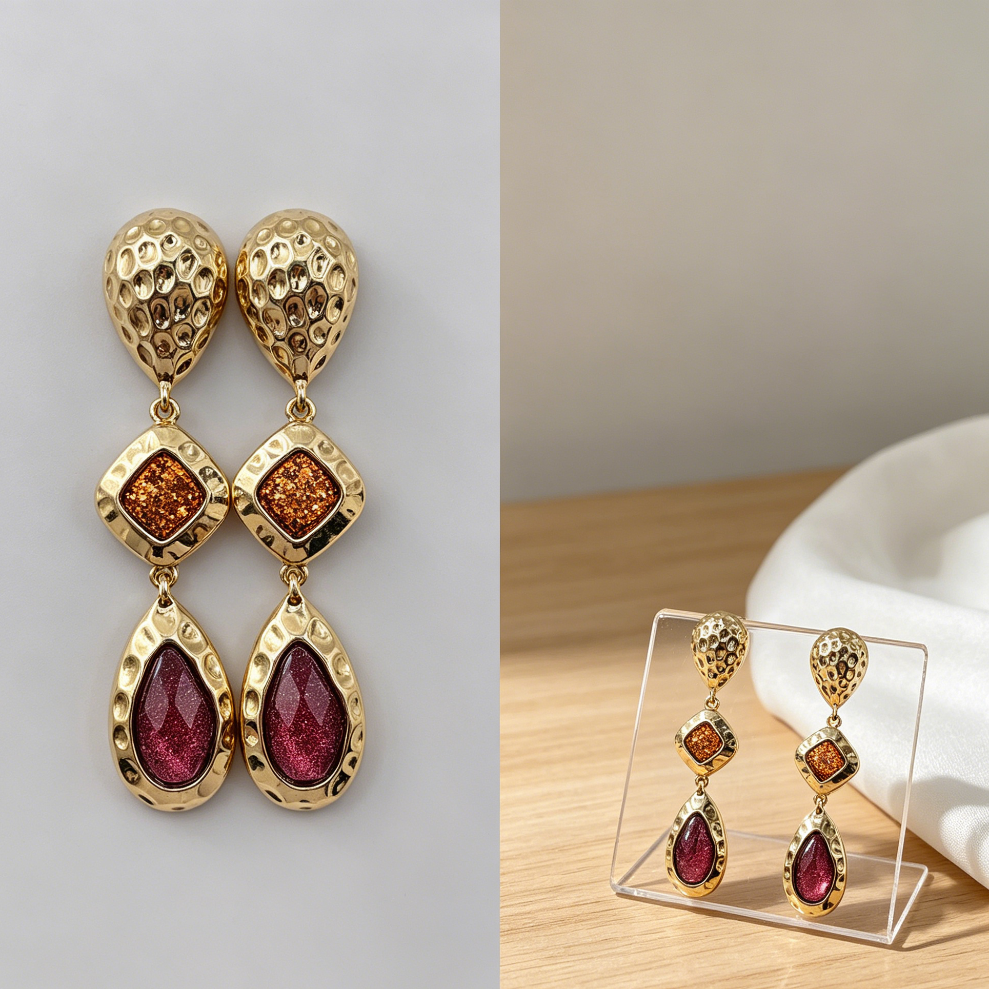 Pendientes Largos Texturizados con Piedras Brillo Dorado y Plata | Accesorio Moda Mayorista Bisutería|JI JOYA