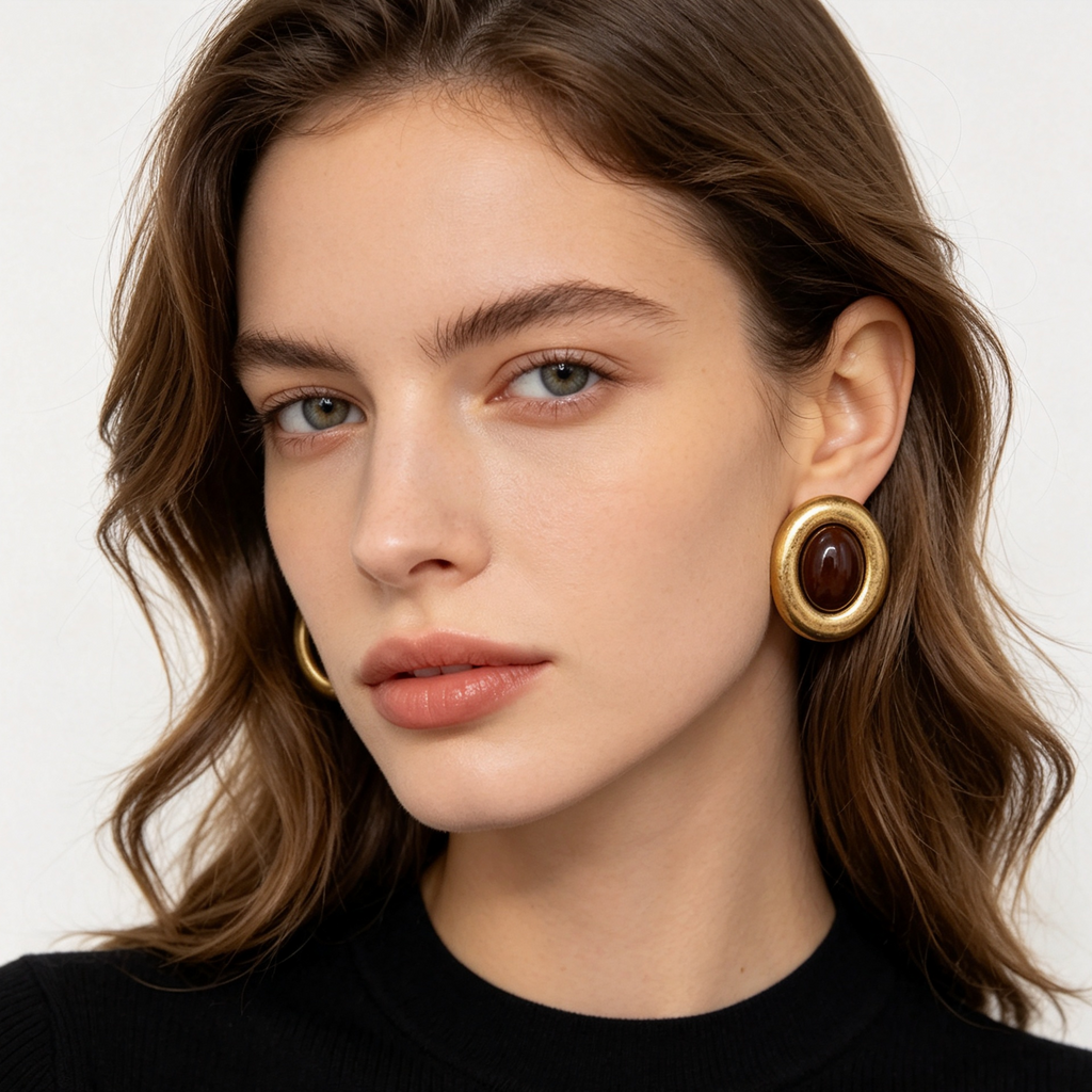 Pendientes Ovalados Vintage Metal Dorado Piedra Resina Mayorista B2B|JI JOYA