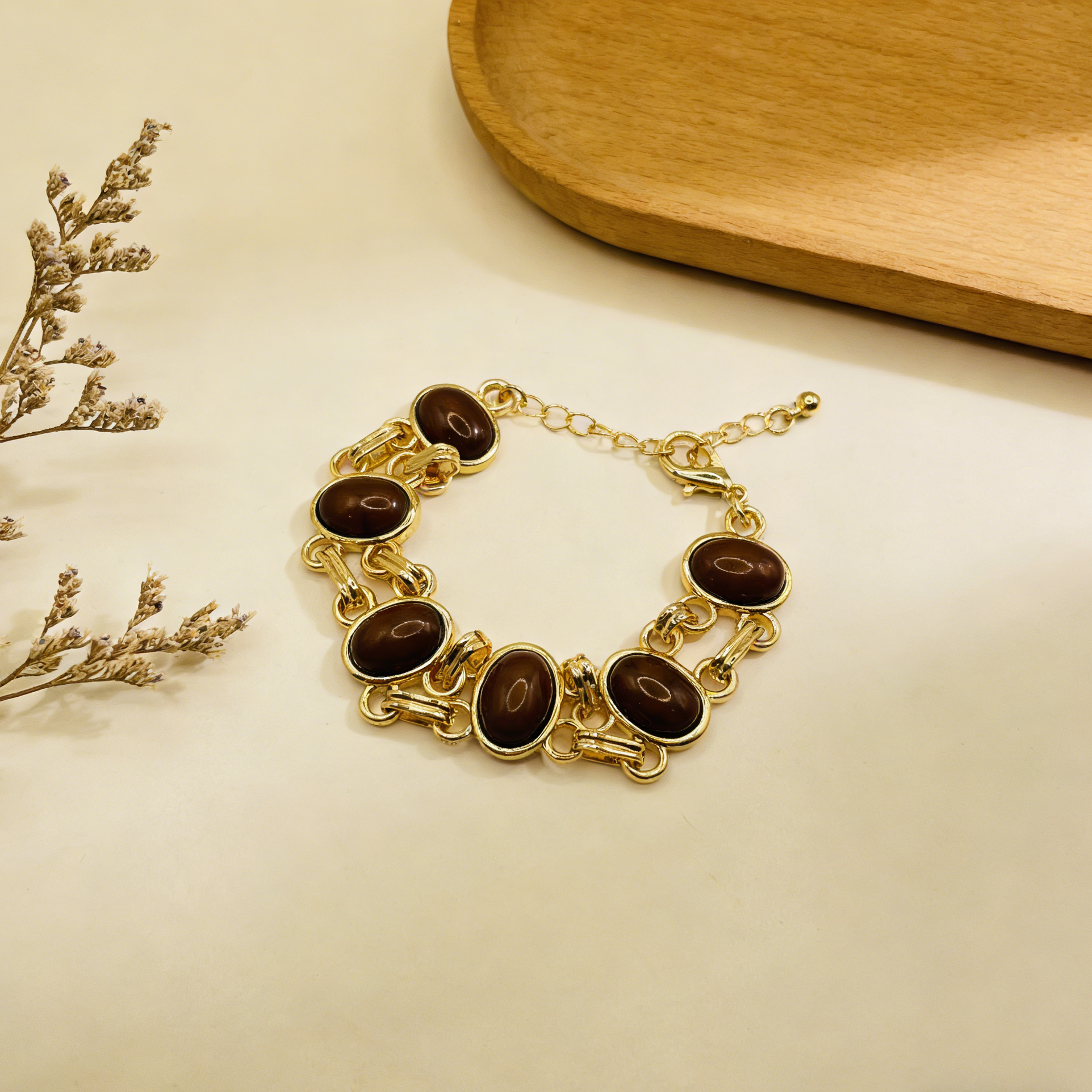 Conjunto de Joias de Corrente de Ouro com Pedras Ovais - Colar e Pulseira