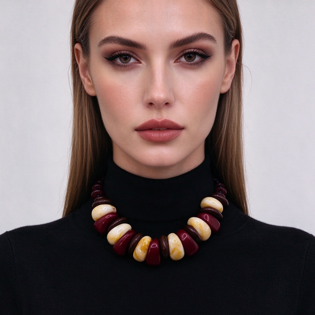 Collar grueso de resina bicolor borgoña y crema, accesorio de moda mayorista|JI JOYA