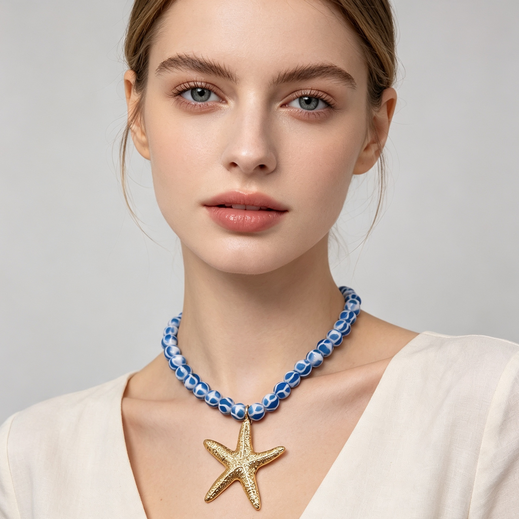 Collar de cuentas rayadas blanco-verde/azul/naranja con colgante de estrella de mar dorada, joyería de playa al por mayor para mujer|JI JOYA