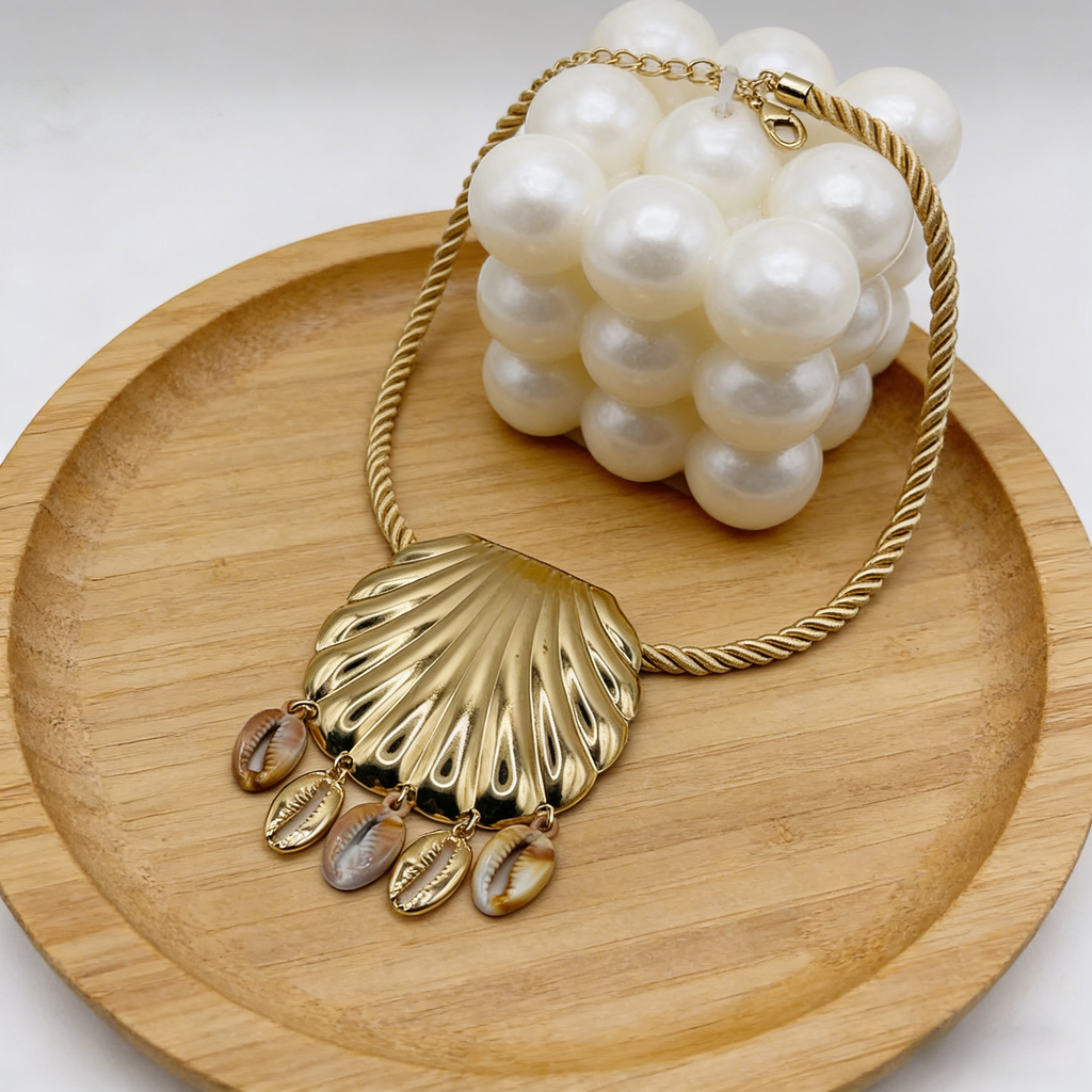 Collar de concha de vieira dorada, cadena de clavícula con cuerda trenzada con colgante de concha natural, joyería estilo resort bohemio.
