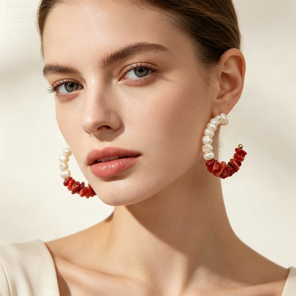 Pendientes Aro C Perla Barroca y Piedras Rojas, Joyería al por mayor, Moda Verano|JI JOYA