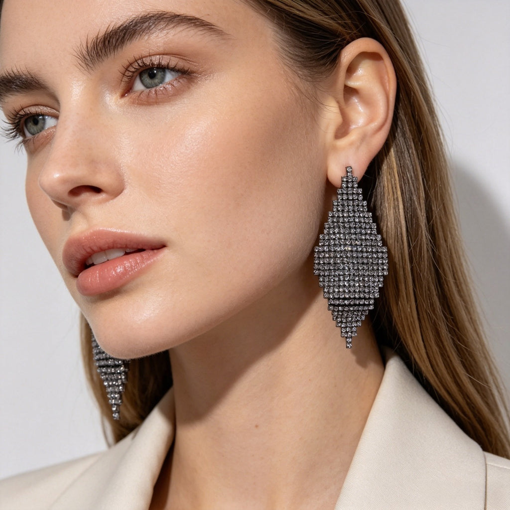 Pendientes Colgantes de Diamantes de Lujo | Diseño Geométrico con Cristales | Oro Negro y Dorado | S925 | Joyería Mayorista para Mujer|JI JOYA