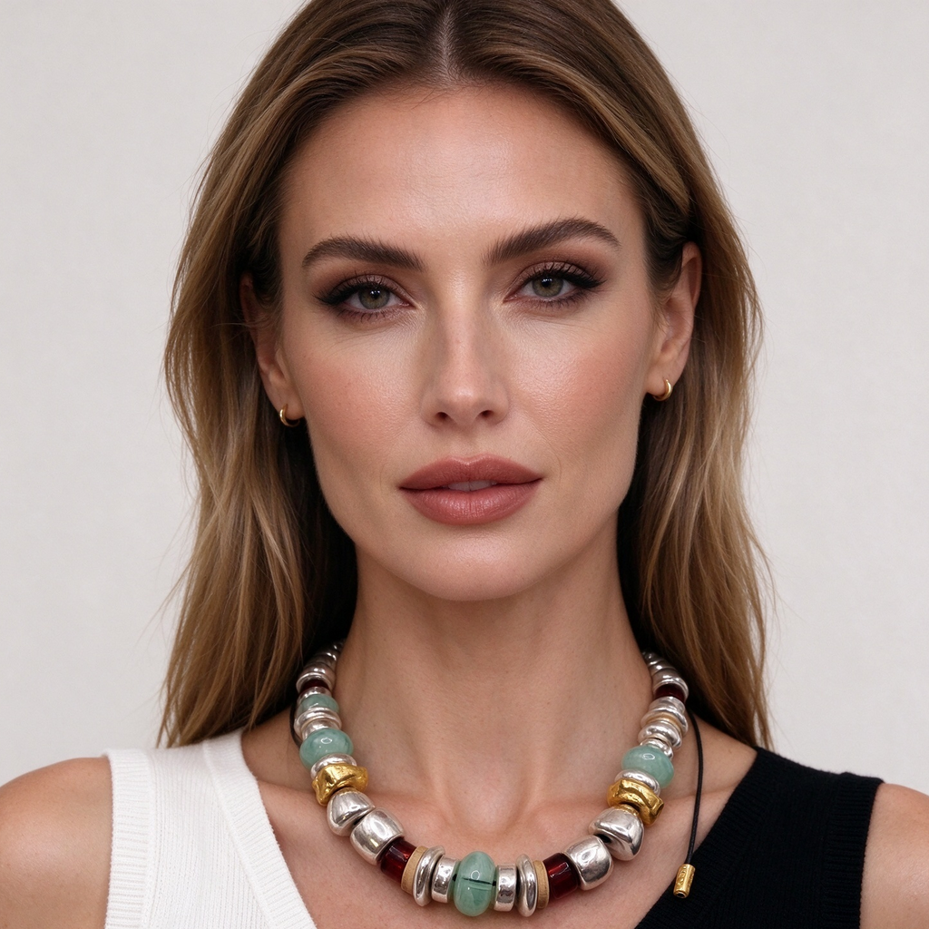 Collar artesanal de cuentas mixtas, plata dorada y piedra verde, joyería bohemia al por mayor|JI JOYA
