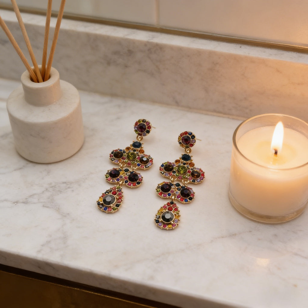 Pendientes de flores de cristal en capas | Pendientes de vestir que moldean el rostro