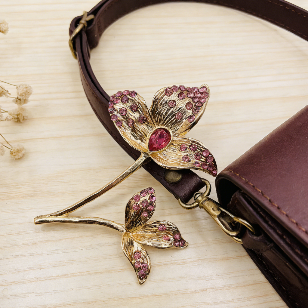 Broche floral vintage de cristal rosa | Pin llamativo en tono dorado para mujer