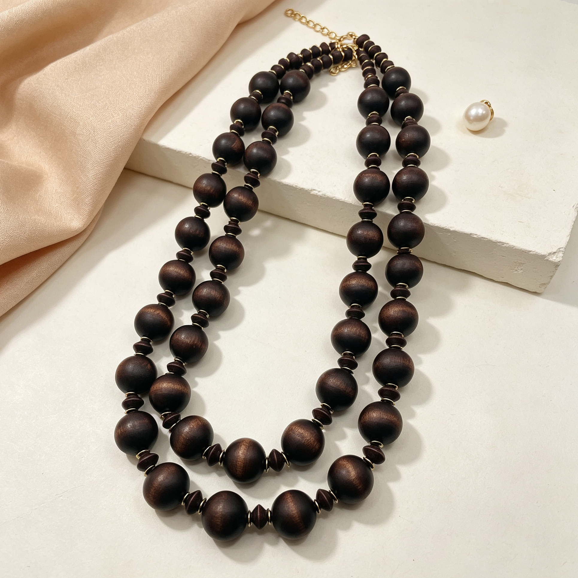 Collar largo doble capa con bolas de madera vintage, joyería étnica minimalista para mujer, suministro mayorista|JI JOYA