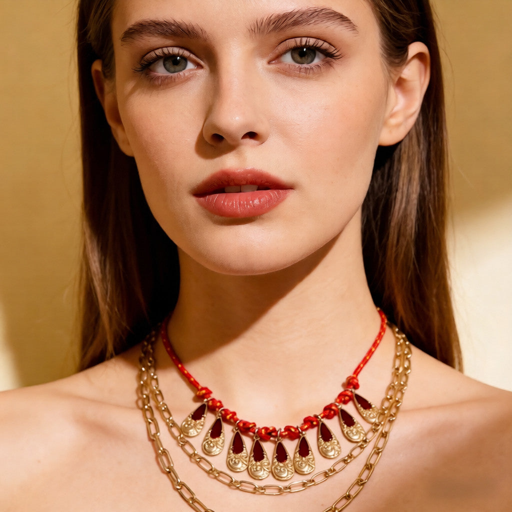 Collar de Declaración con Dijes de Piedra Roja/verde y Capas de Cadena Dorada | Boho Chic
