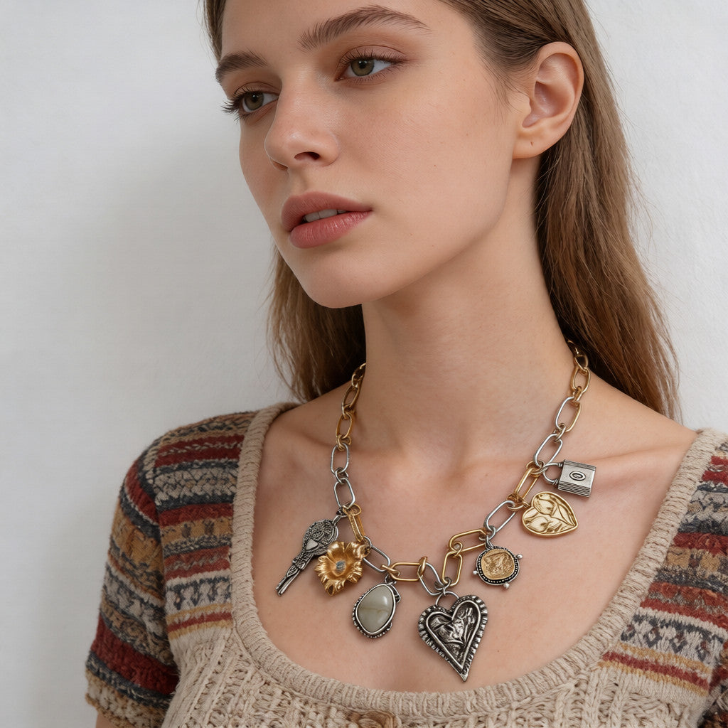 Collar multi-dijes con estética Y2K | Gargantilla vintage bicolor con colgantes de corazón y candado