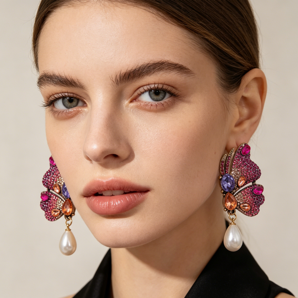 Pendientes Mariposa Vintage con Cristales Multicolor y Perla de Gota | Joyería al Por Mayor para Mujer|JI JOYA