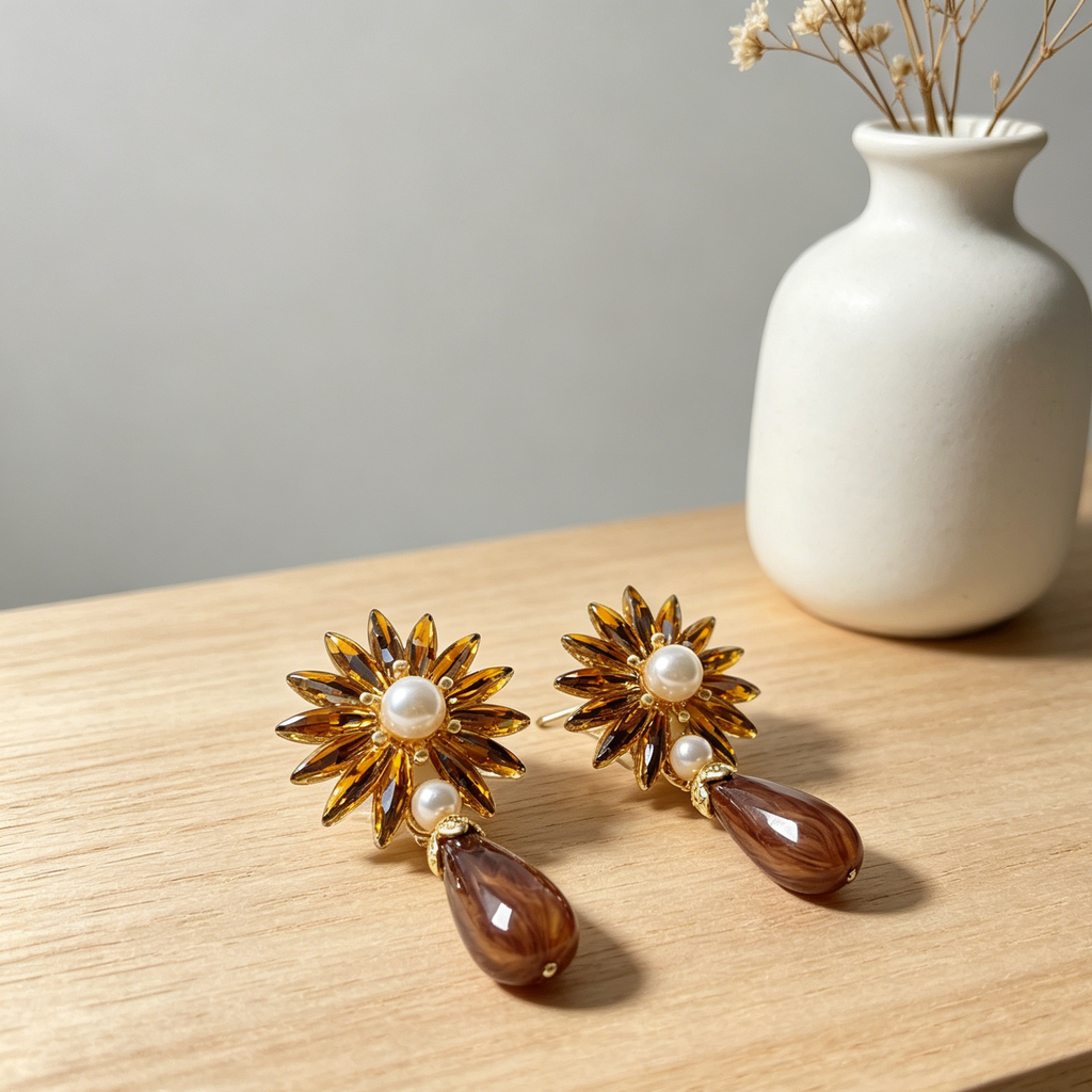Pendientes Flor Vintage Cristal y Perla Colgante, 2 Colores, Joyería al Por Mayor para Mujer Fiesta Formal|JI JOYA
