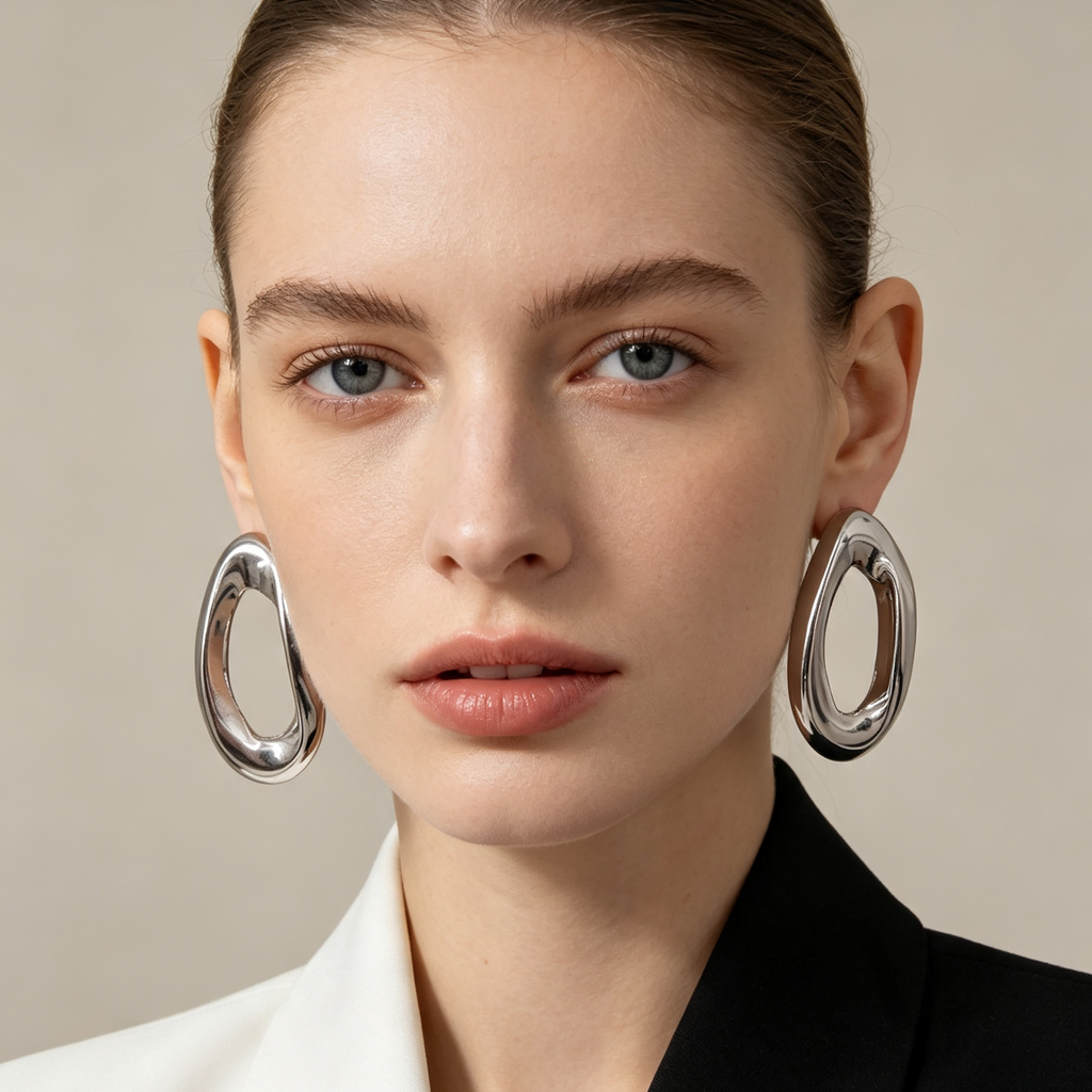 Pendientes Grandes de Aro Ovalado Irregular, Metal Brillante Dorado & Plata, Joyería al Por Mayor|JI JOYA