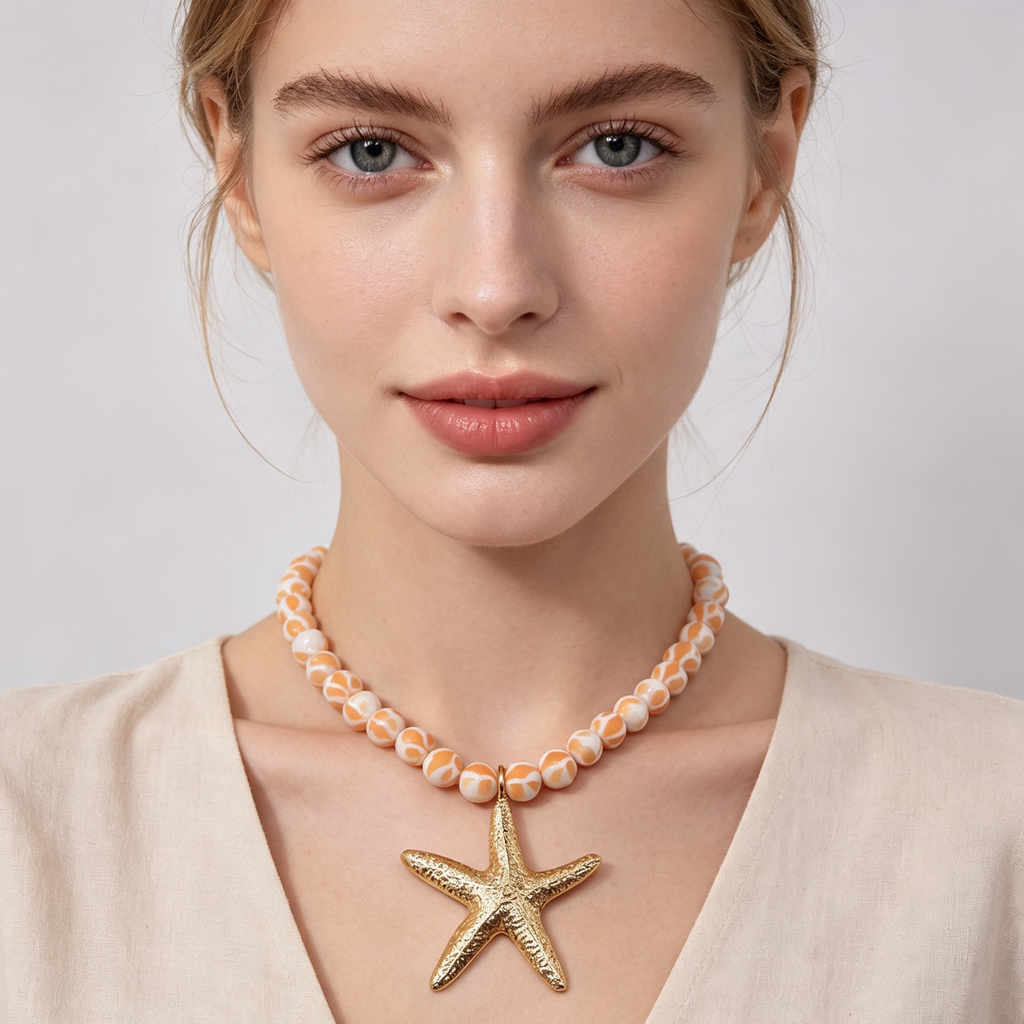 Collar de cuentas rayadas blanco-verde/azul/naranja con colgante de estrella de mar dorada, joyería de playa al por mayor para mujer|JI JOYA