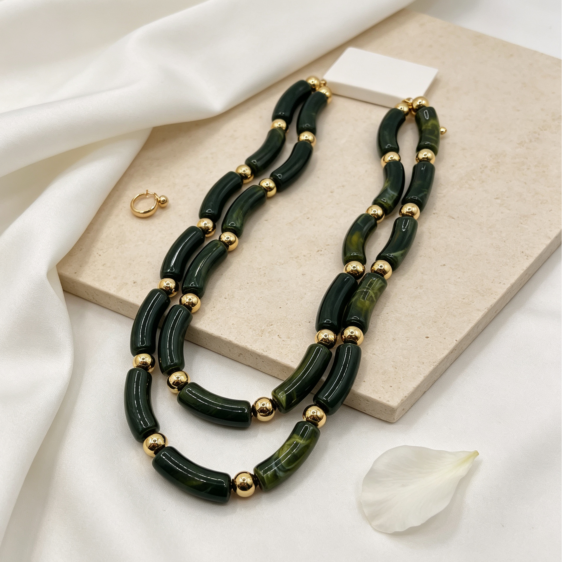 Collar Doble Capa Cuentas Verde Oscuro Separadores Dorados Mayorista Joyería Moda Mujer|JI JOYA