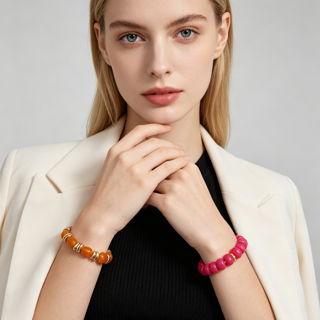 Pulseras de resina combinadas 2 unidades, pulseras elásticas de cuentas color naranja y fucsia para mayorista|JI JOYA