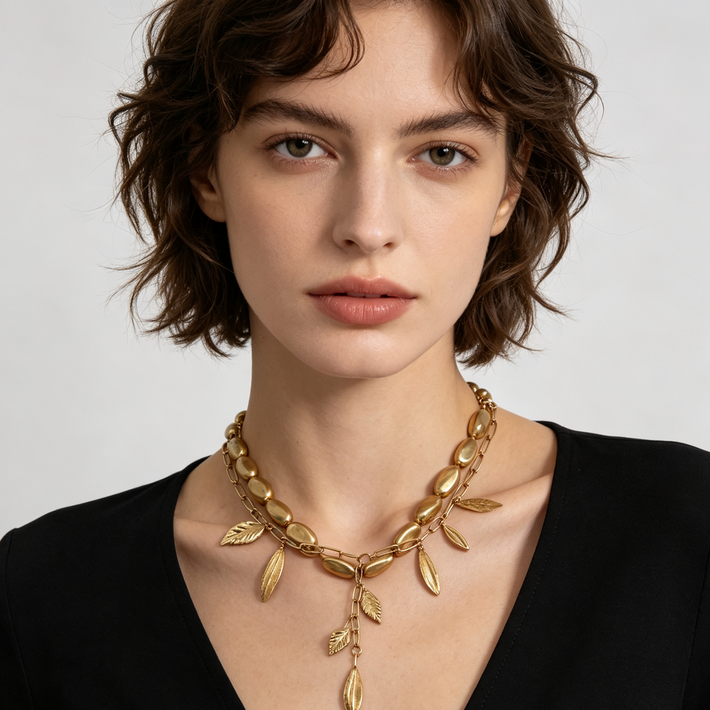 Collar Doble Cadena con Colgantes de Hojas Doradas, Metal Aleación Zinc, Joyería al Por Mayor|JI JOYA