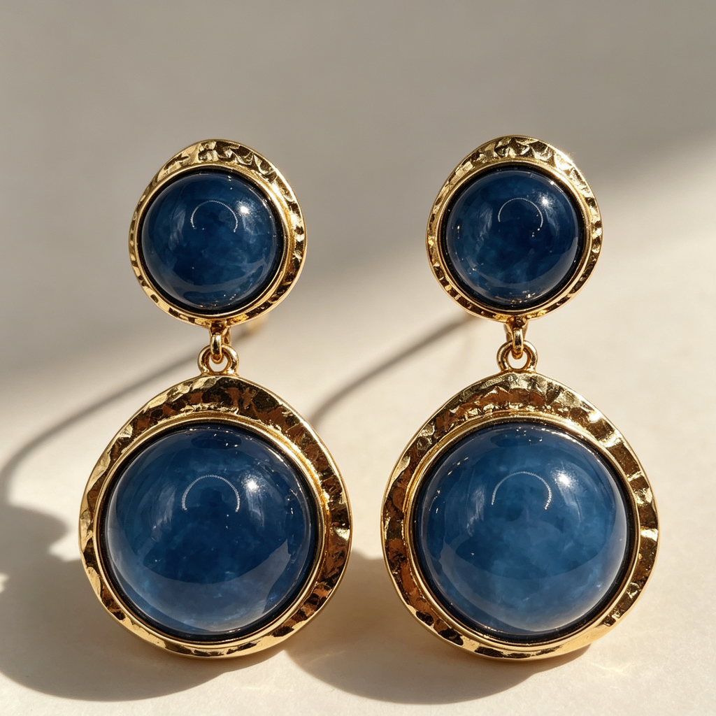 Pendientes colgantes de doble piedra redonda, metal dorado martillado, accesorios de joyería mayorista|JI JOYA