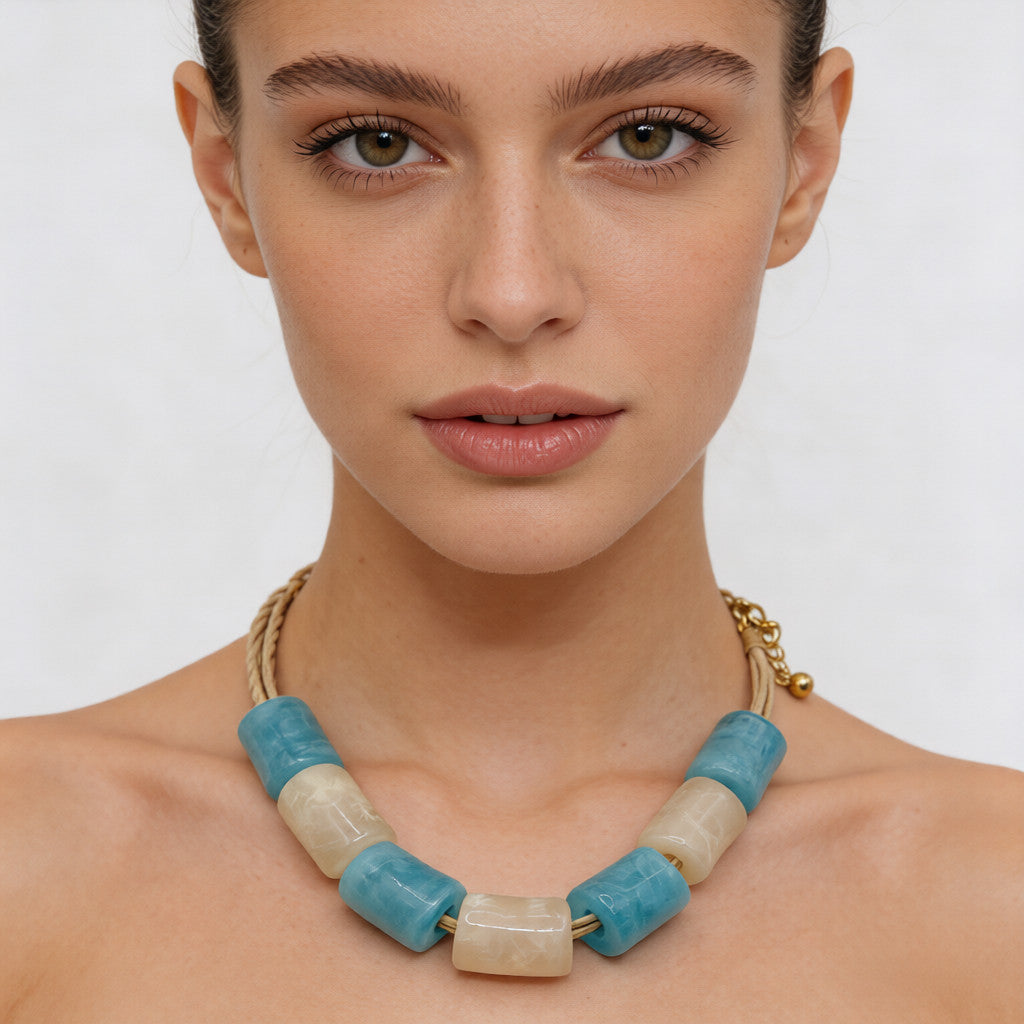 Collar de Cuentas Grandes de Resina Verde、Azul Turquesa y Marfil | Accesorio Statement Ins para Verano