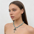 Collar de cruz de amazonita bohemia - Colgante de cuentas en capas con efecto grunge Y2K