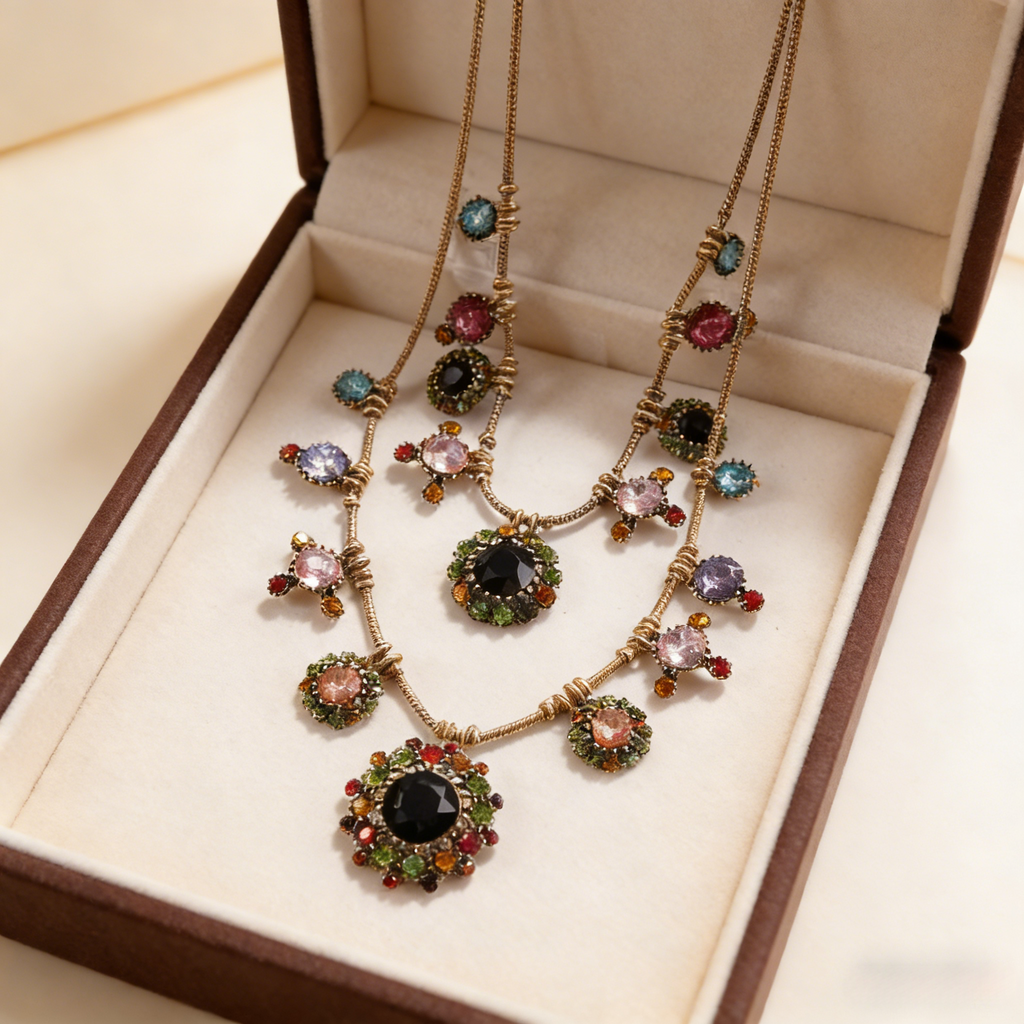 Conjunto vintage de collar y pendientes con piedras preciosas multicapa | Joyería bohemia de lujo para la noche