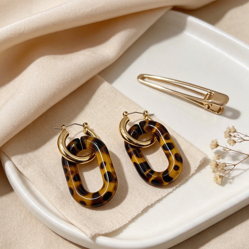 Aretes Eslabón Carey Dorado | Pendientes Resina Mayorista|JI JOYA