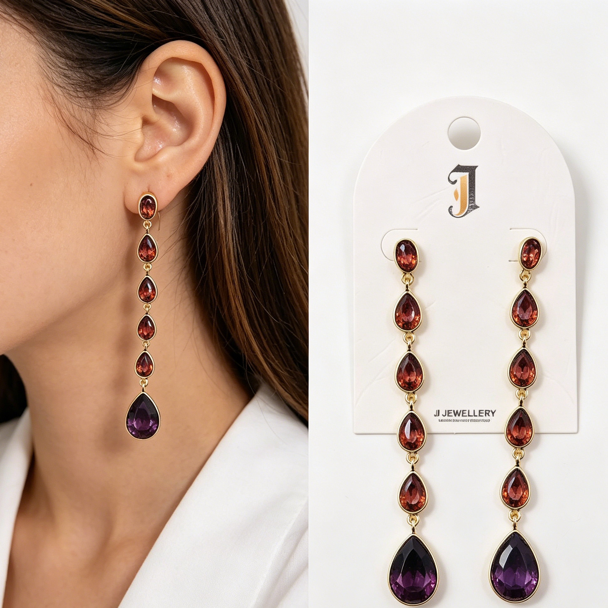 Pendientes Largos de Gota Degradada con Cristales - Joyería de Moda Dorada, 2 Colores, Venta al Por Mayor|JI JOYA