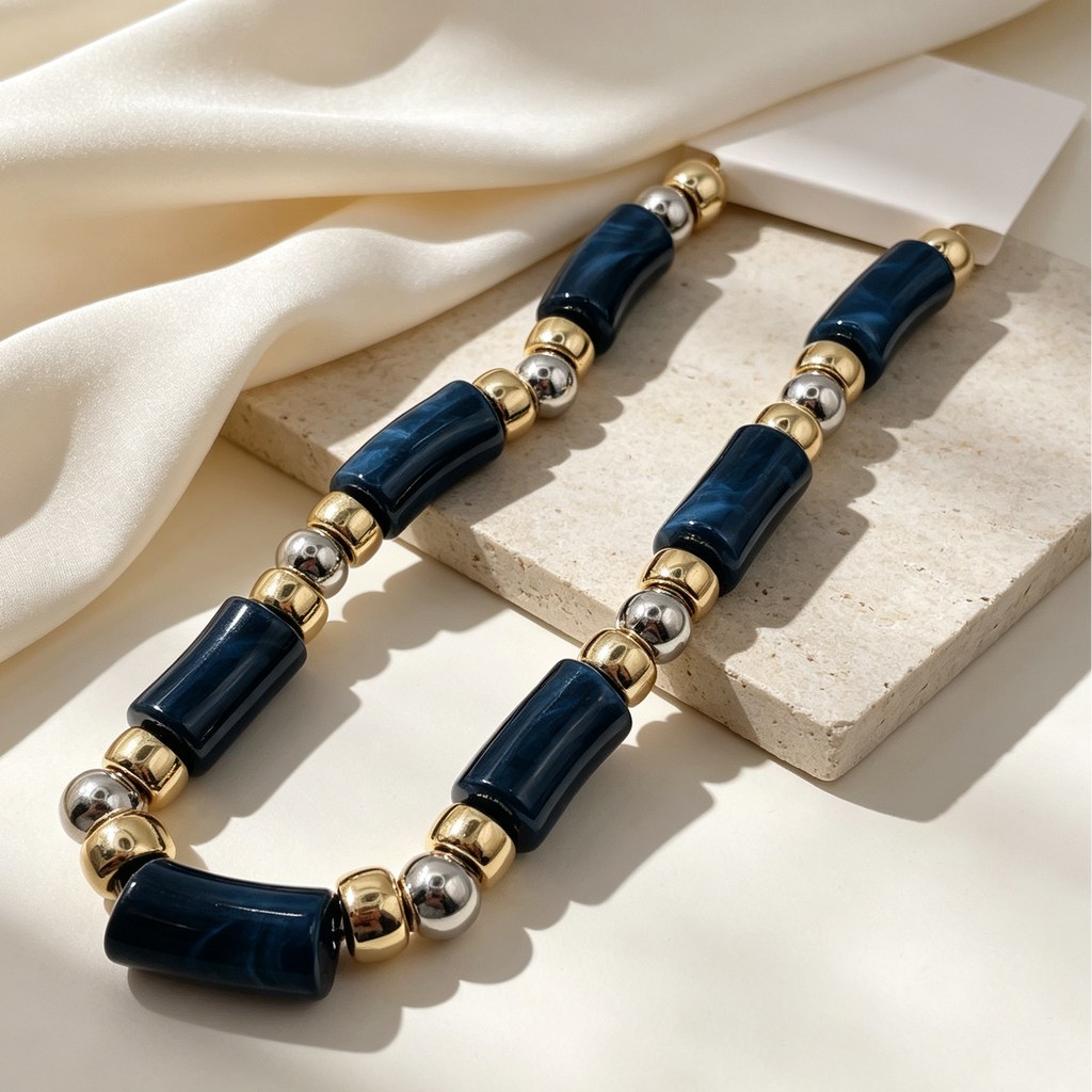 Collar de cuentas cilíndricas azul marino, aleación de zinc dorado y plata, collar de moda mayorista|JI JOYA