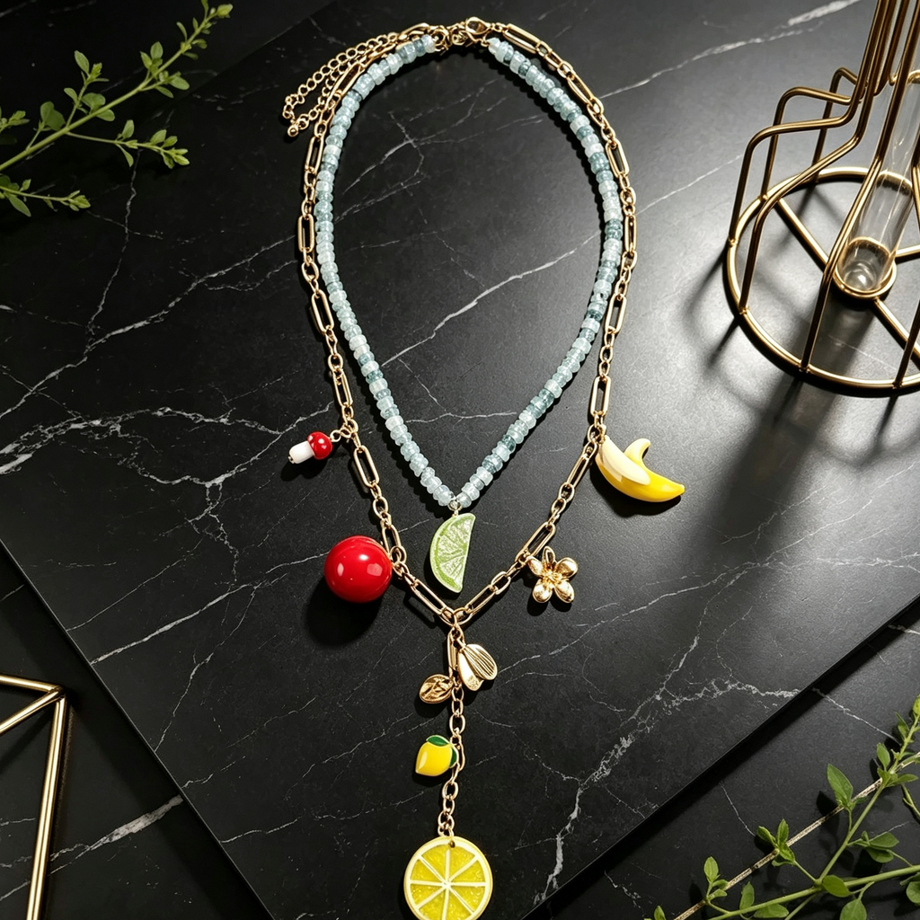 Collar doble capa con dijes de frutas, limón, cereza y plátano, joyería de moda mayorista|JI JOYA