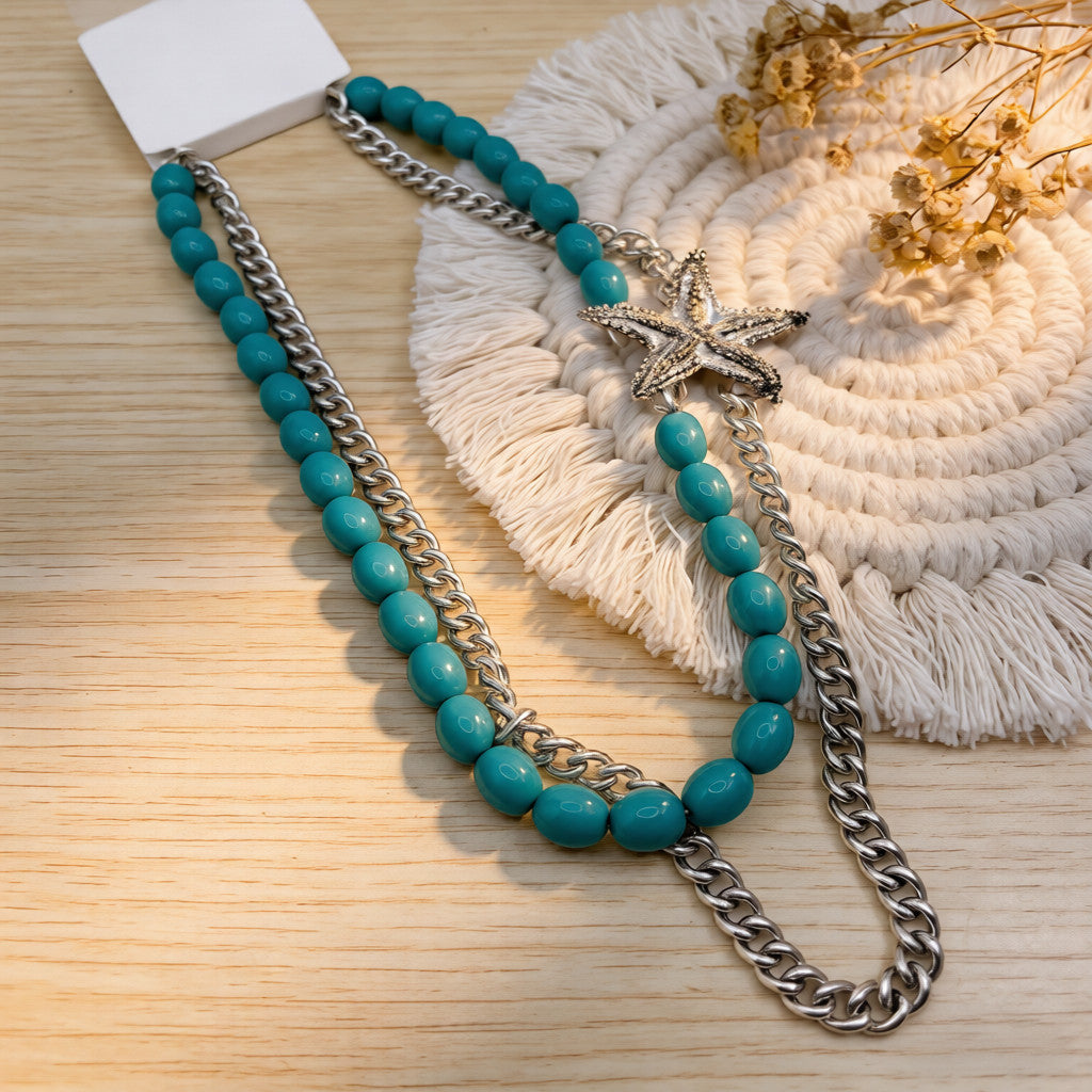 Collar Doble con Estrella de Mar | Turquesa y Plata| Crema y Oro