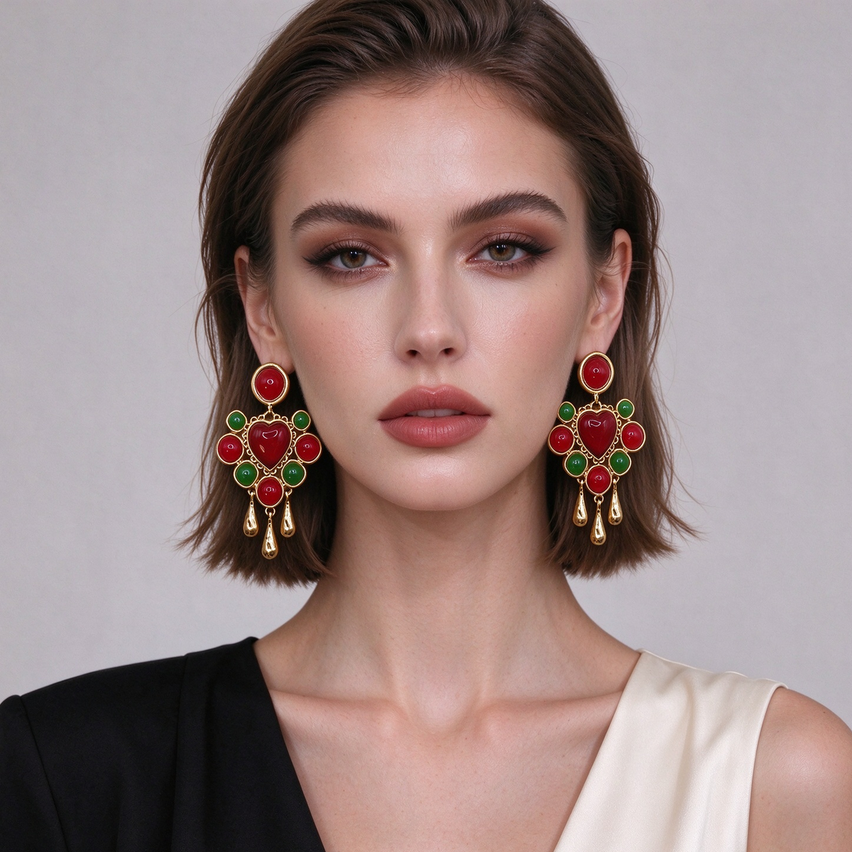 Set de Joyería Étnica Vintage, Collar y Pendientes con Piedras Rojas y Verdes en Forma de Corazón, Bisutería de Moda al Por Mayor para Mujer|JI JOYA