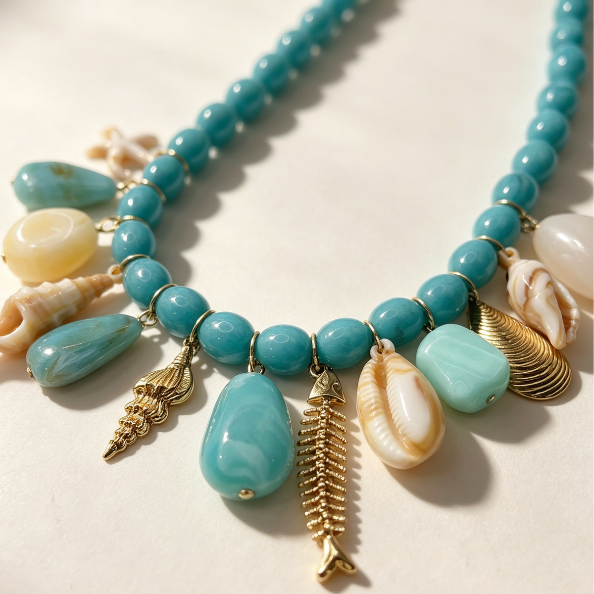 Collar de cuentas turquesas con conchas y colgantes marinos, collar bohemio playero al por mayor|JI JOYA