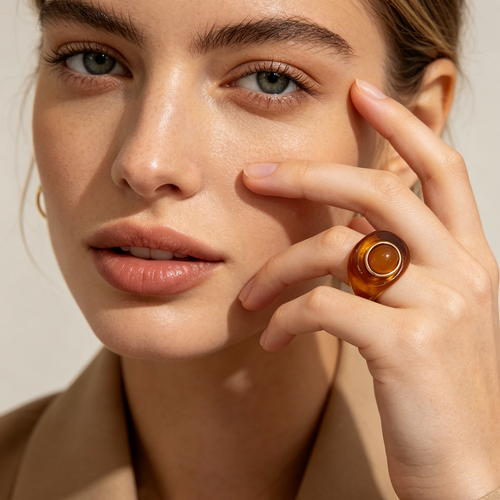 Anillo Resina Color Ámbar con Piedra Redonda Dorada, Joyería de Moda Vintage al Por Mayor para Mujer|JI JOYA