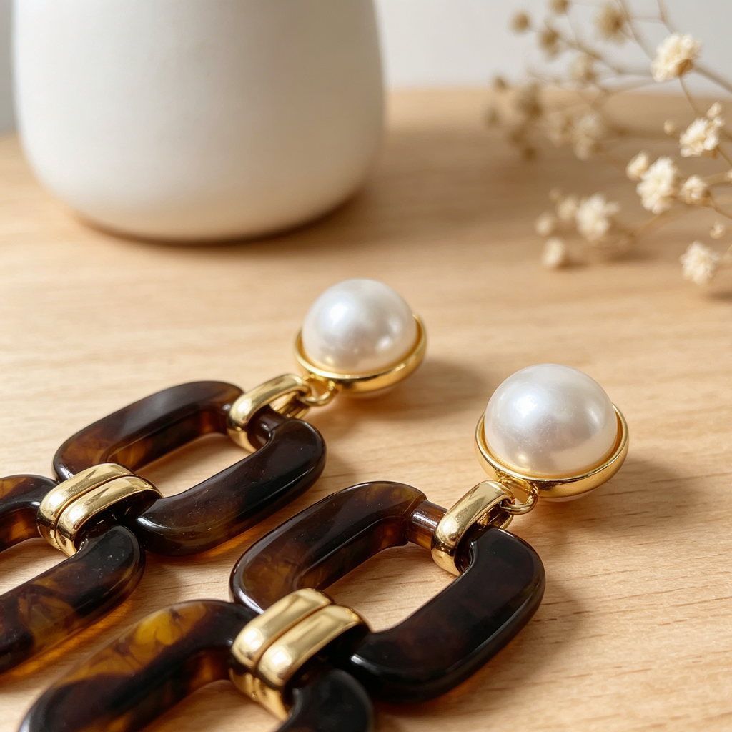 Pendientes Vintage Perla con Eslabón Resina Tortuga al Por Mayor | Joyería Moda Europea|JI JOYA