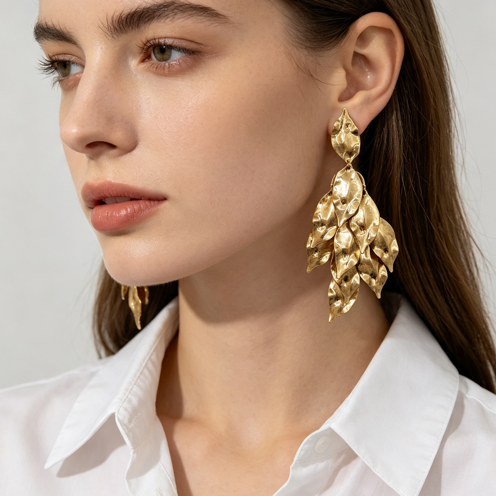 Pendientes Largos Hojas Metálicas Doradas, Pendientes Statement Mayorista|JI JOYA
