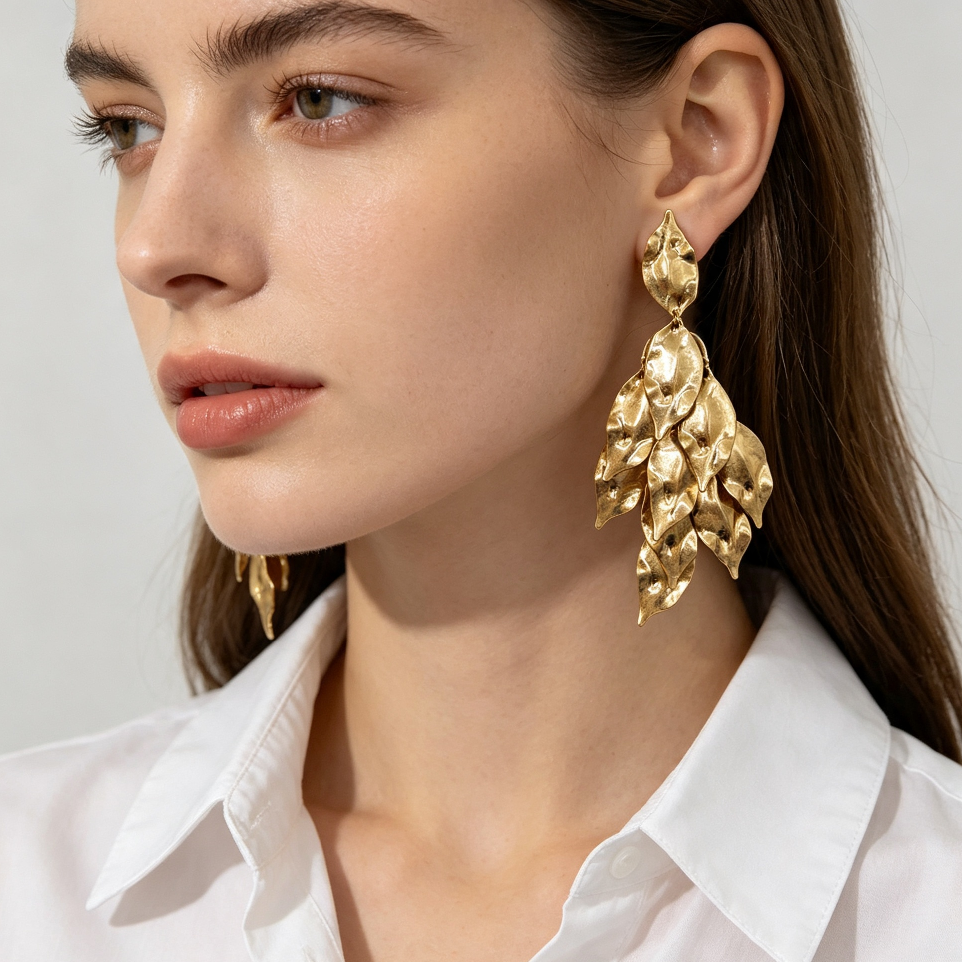Pendientes Largos Hojas Metálicas Doradas, Pendientes Statement Mayorista|JI JOYA