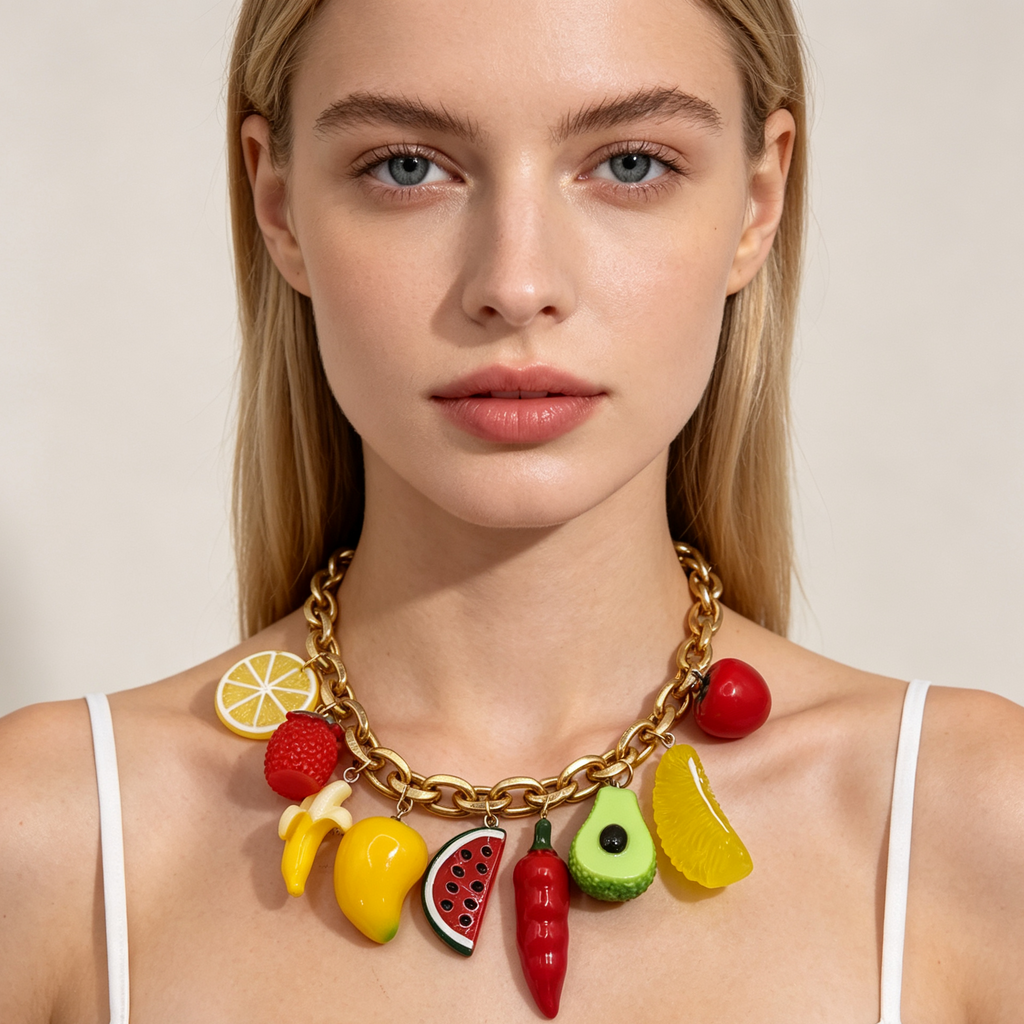Collar de cadena gruesa con colgantes de frutas surtidas, collar llamativo de moda para mujer, venta al por mayor|JI JOYA