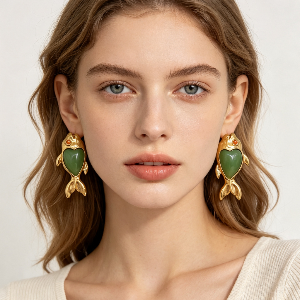 Conjunto Pendientes y Collar Pez Corazón Piedra Verde Dorado | Bisutería Mayorista Moda Mujer|JI JOYA
