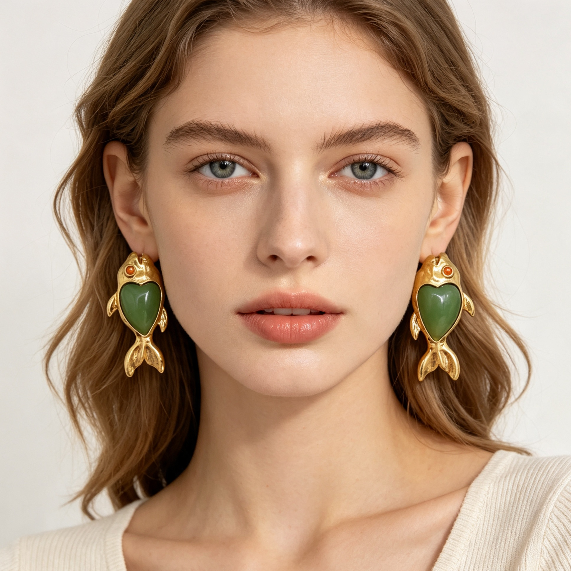 Conjunto Pendientes y Collar Pez Corazón Piedra Verde Dorado | Bisutería Mayorista Moda Mujer|JI JOYA